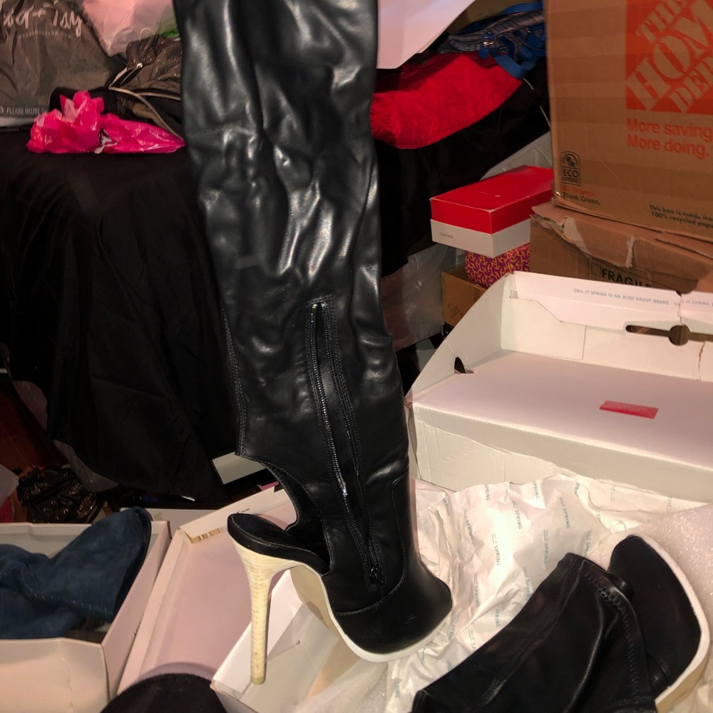 Thigh high peep toe boots